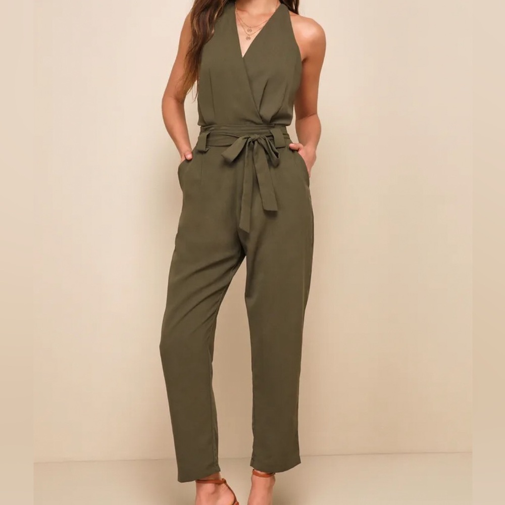 Lulus In the City Olive Green Surplice Sleeveless Jumpsuit